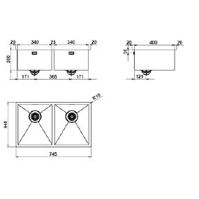 Evier inox double cuves 34x40cm Design 